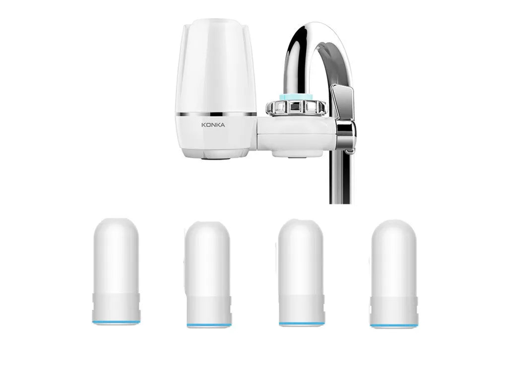 White faucet-mounted water purifier with ceramic filter and adapter kit for kitchen tap installation.
