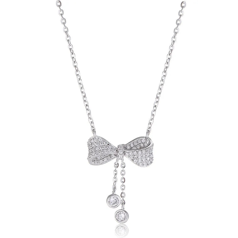 S925 sterling silver bow pendant necklace with O-ring chain in silver colour
