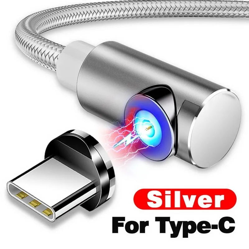Magnetic charging cable with three interchangeable tips for Android, Apple and Type-C devices showing aluminium housing