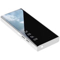 Black 20000mAh portable power bank with LCD screen and dual USB ports on a white background.