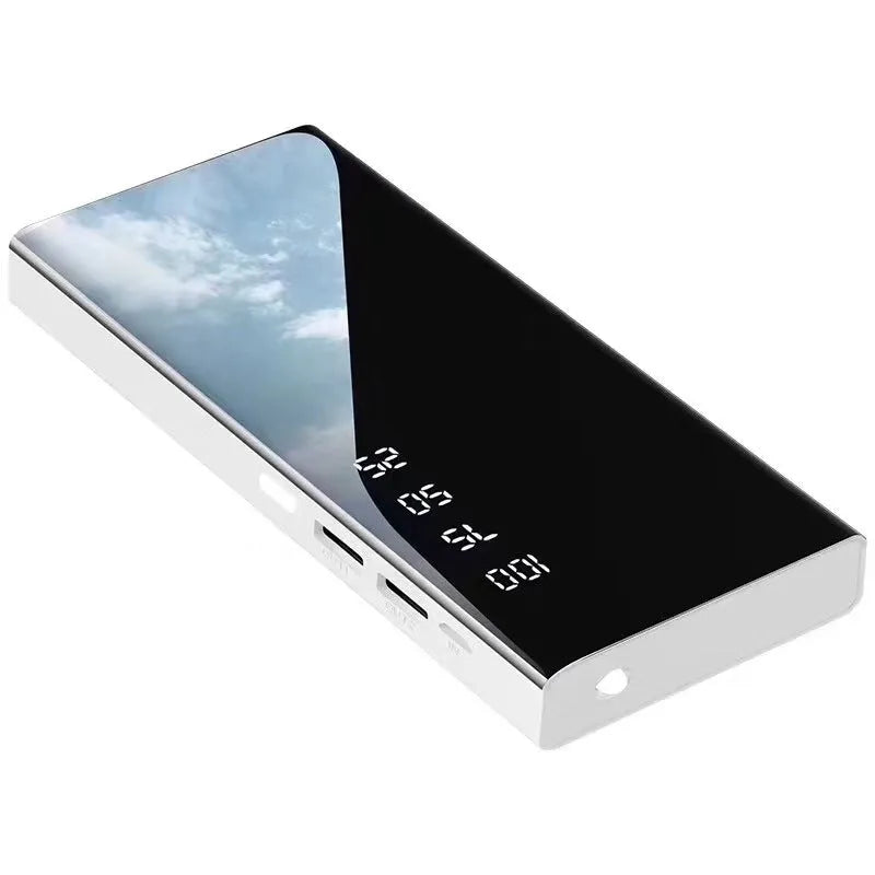 Black 20000mAh portable power bank with LCD screen and dual USB ports on a white background.