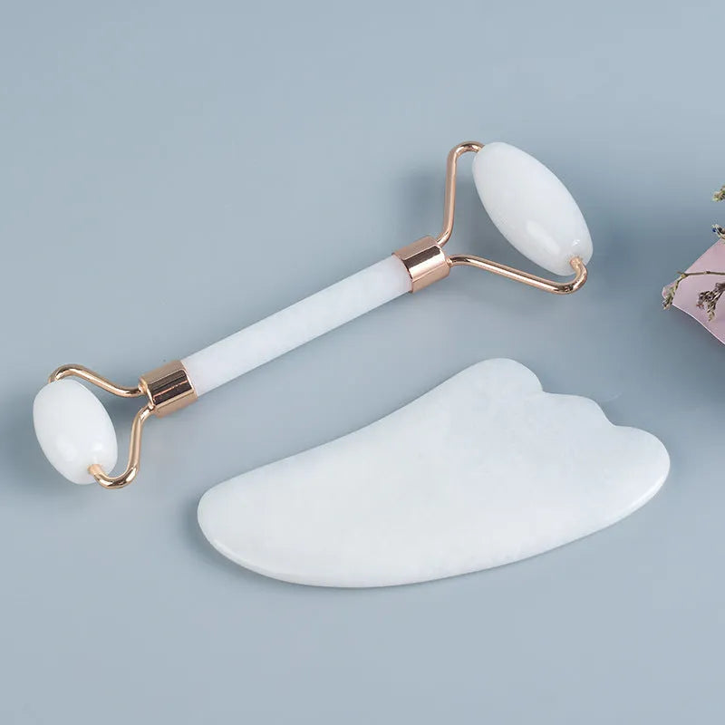 Natural white jade double-headed claw roller and scraping board set for facial and body massage