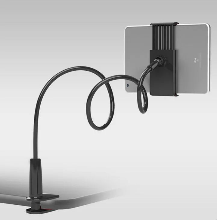 Black aluminium alloy bedside phone stand with a long flexible arm holding a mobile phone on a table.