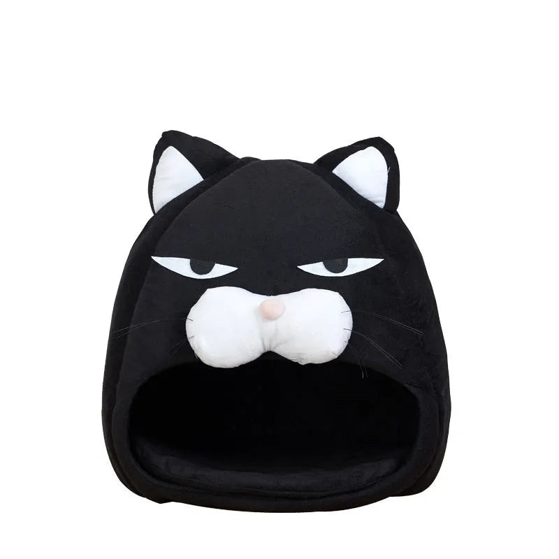 Black plush cat house bed with waterproof nylon base, removable washable cover, cube shape, 48cm and 38cm sizes