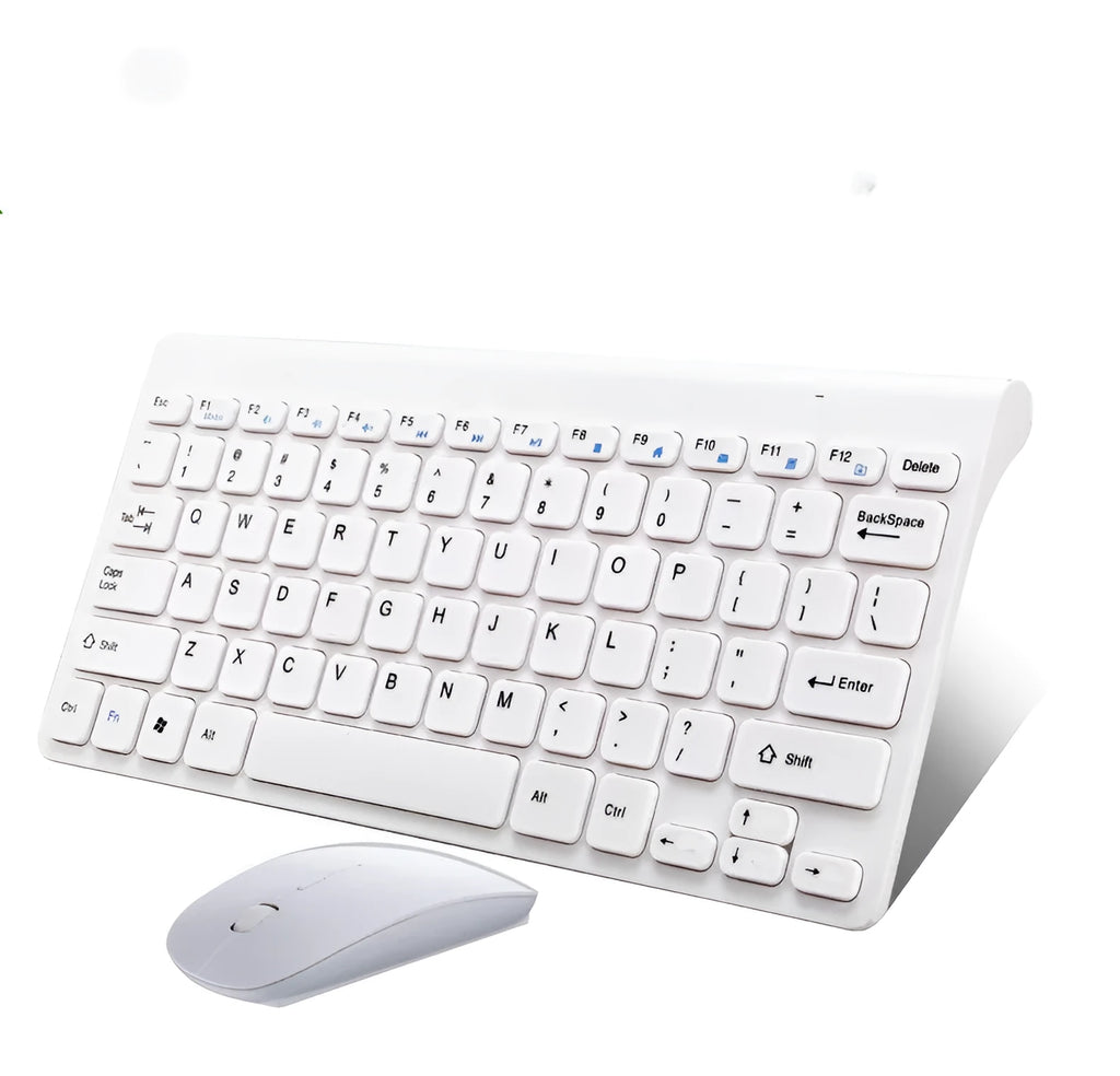 Black and white wireless keyboard and mouse set with 2.4GHz receiver showing 10m range