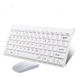 Black and white wireless keyboard and mouse set with 2.4GHz receiver showing 10m range