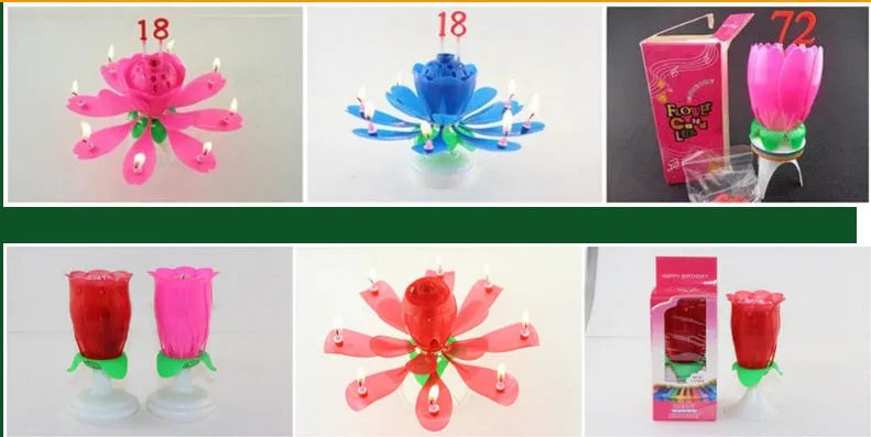 Musical lotus candle with eight petals, paraffin and ABS, 11 x 6 cm, in yellow rose red purple blue red