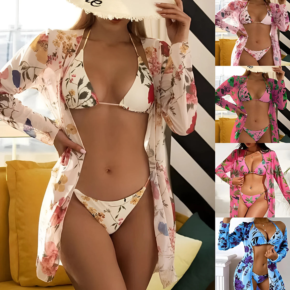 Women's floral printed mesh cover-up blouse, bra, and swim trunks three-piece swimsuit set laid flat.