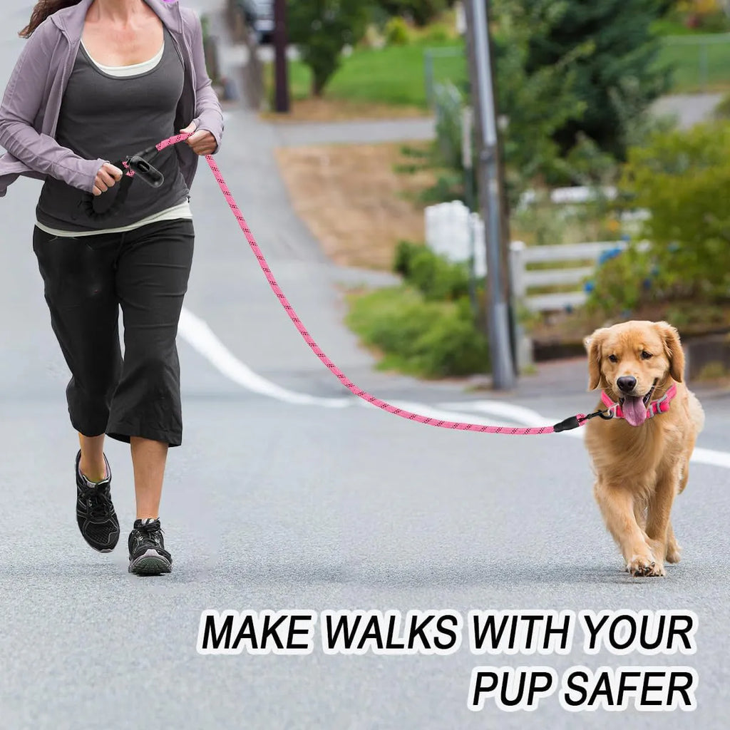 Pink 5 ft heavy duty dog leash with 1/2 inch nylon climbing rope, padded handle, reflective threads and metal clip hook
