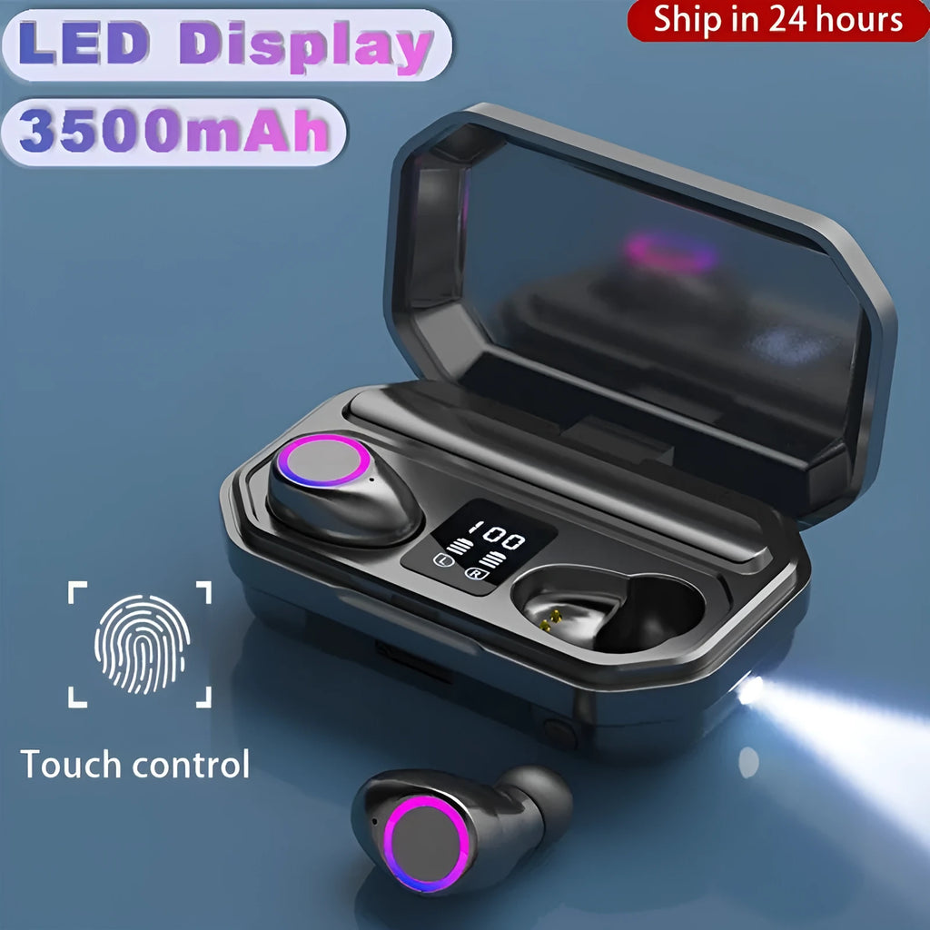 Black and white wireless Bluetooth earbuds with LED display charging case showing battery level