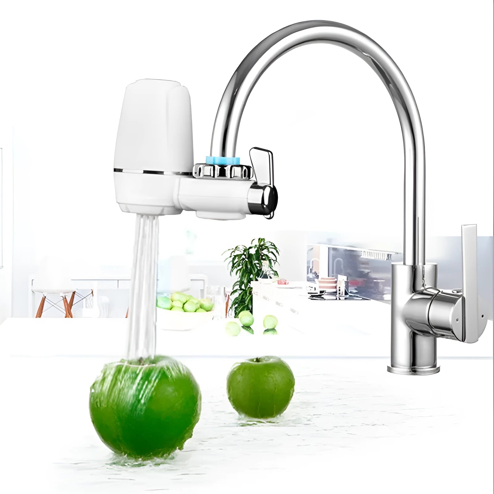 White faucet-mounted water purifier with ceramic filter and adapter kit for kitchen tap installation.