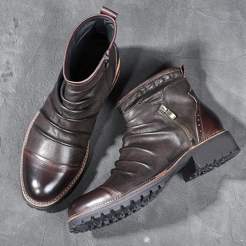 Black embossed PU cowboy boots with a side zipper and mid-height horseshoe heel on a plain background.