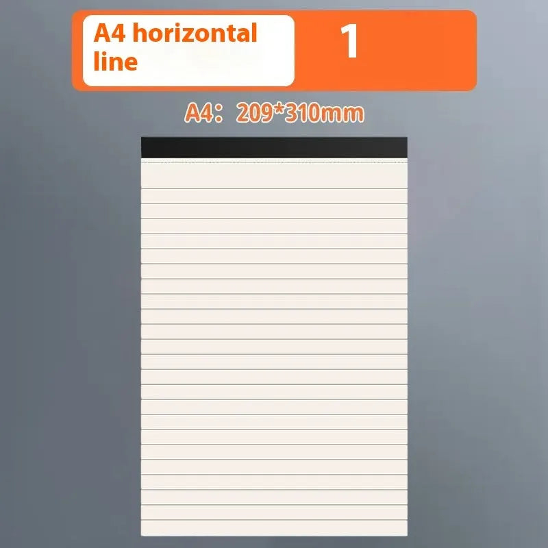 A5, B5 and A4 writing pads with blank, grid and horizontal line rulings showing tearable sheets