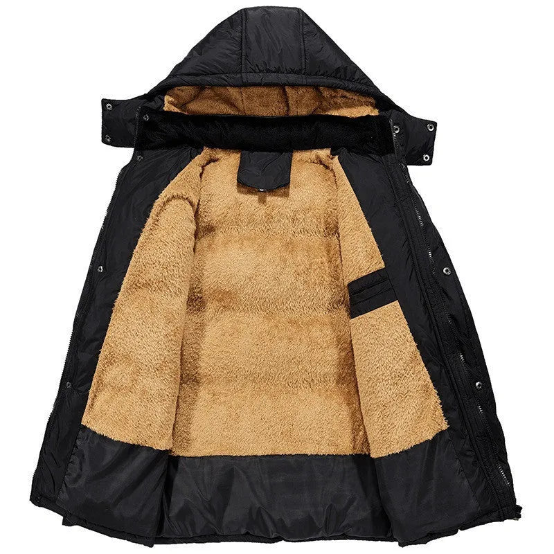 Men's black velvet padded hooded winter jacket with double-breasted placket in loose fit
