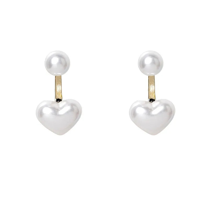 Korean style women's heart-shaped pearl stud earrings with alloy construction and electroplated silver tone finish