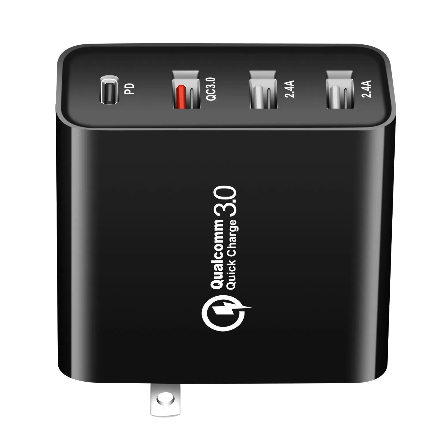 Black 48W PD fast charger with four Type-C USB ports shown with UK plug.