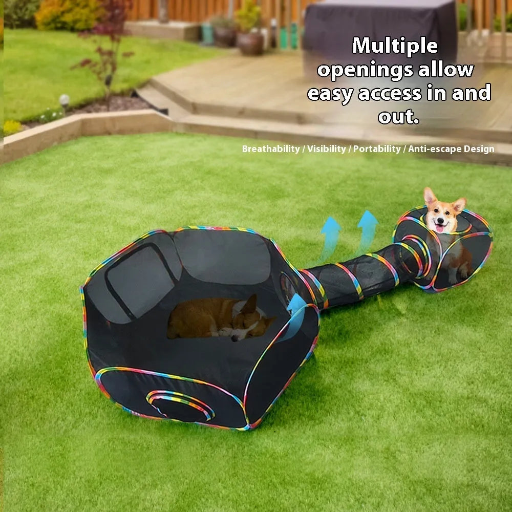 Foldable mesh cat roll cage pet toy in one of five geometric shapes: hexagonal, long straight, square, tee, or tent.
