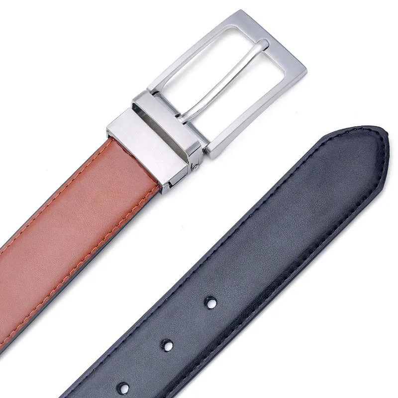 Men's dark brown and black leather casual belt with a silver rotating pin buckle, laid flat.