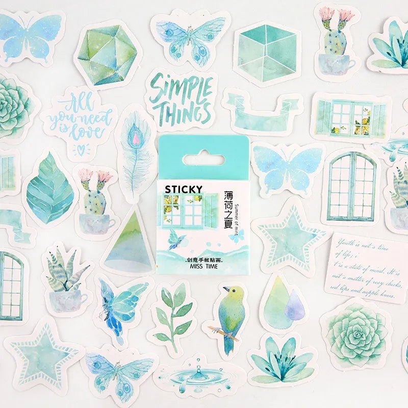 Box of 46 cartoon decorative stickers for children's journals in nine illustrated themes
