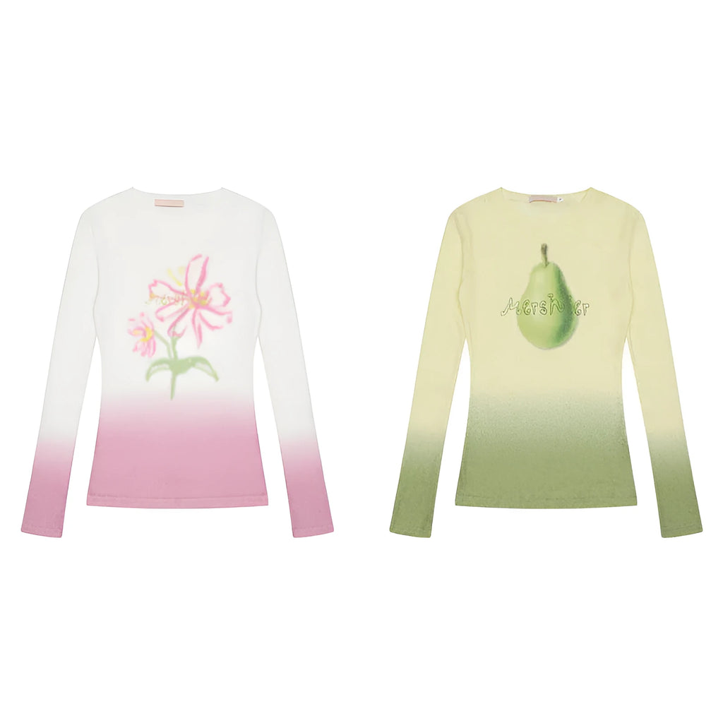 Women's long sleeve T-shirt with gradient flower print in yellow green colour.