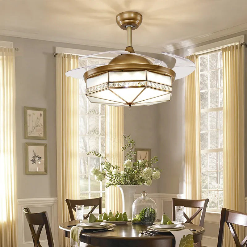 Golden 42-inch ceiling fan light with invisible blades and remote control for living room or bedroom.