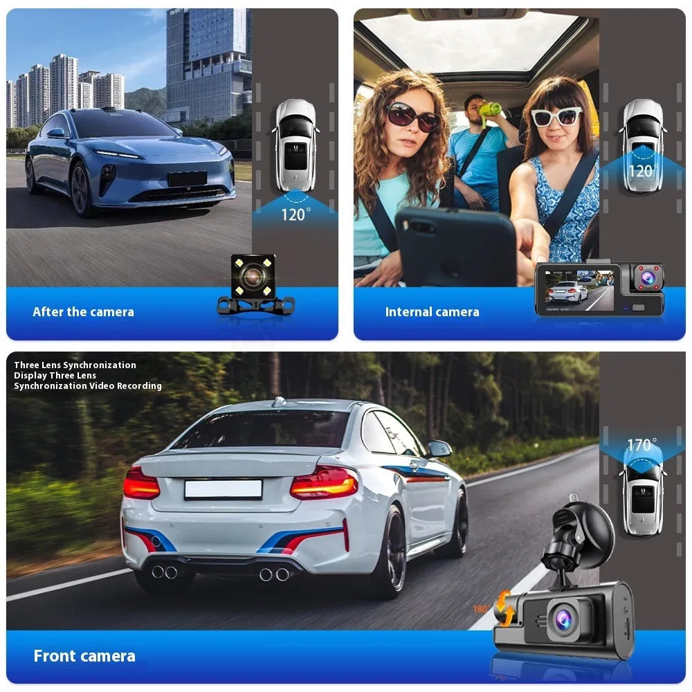 WiFi-enabled car dash cam on windscreen with 2-inch screen and data cable