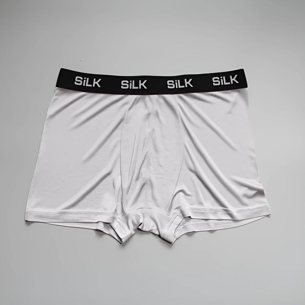 Men's loose fit silk shorts in navy blue on a neutral background