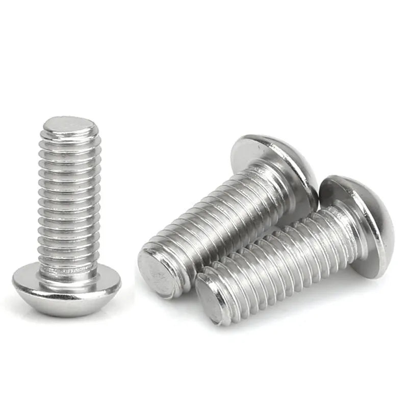 Stainless steel half round head hexagon screw with whitewashed finish showing semicircular head design
