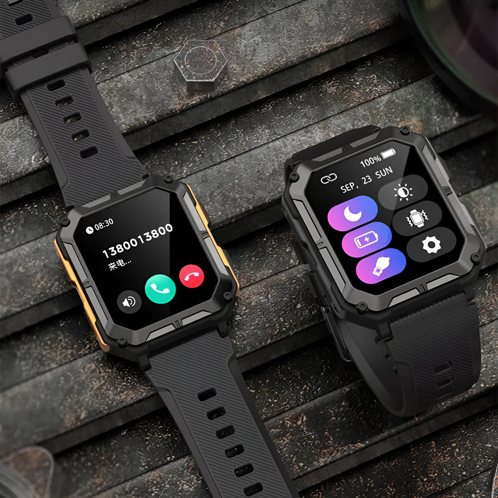 Square smart watch with aluminium case and silicone strap showing Bluetooth calling and outdoor features on screen.
