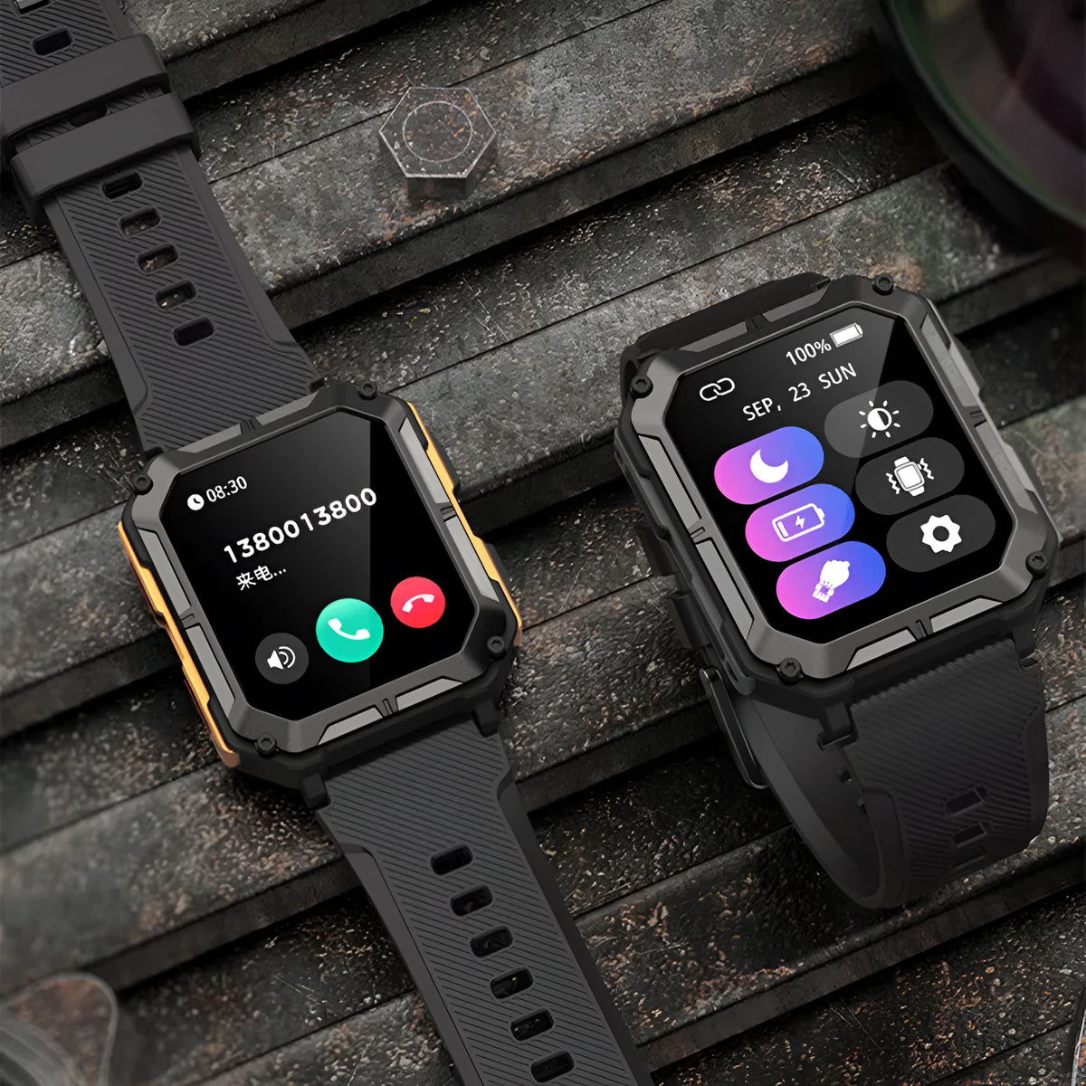 Square smart watch with aluminium case and silicone strap showing Bluetooth calling and outdoor features on screen.