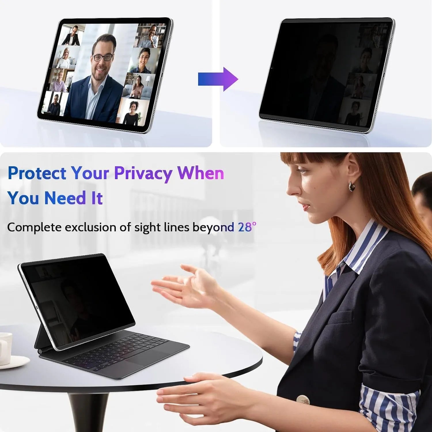 Magnetic iPad privacy screen protector with PET film and storage clip for multiple iPad models