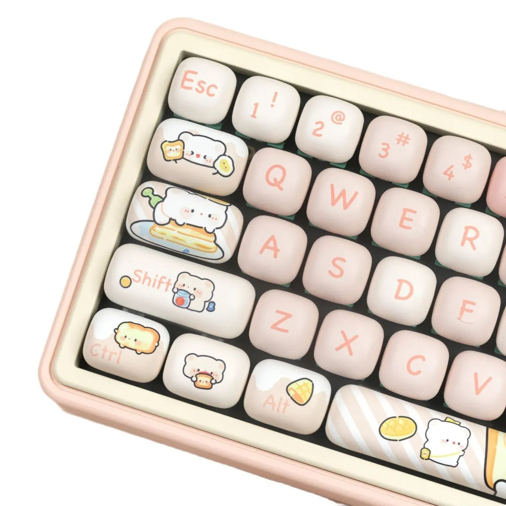 MOG Steamed Bread Bread Bear themed PBT keycap set for mechanical keyboards, showing colourful character designs.