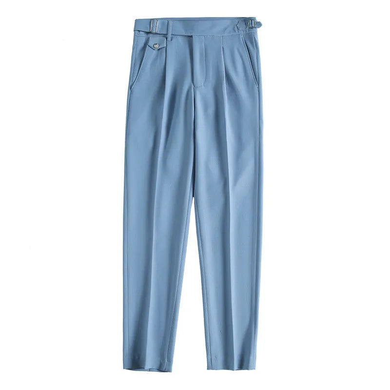 A pair of men's straight-leg casual trousers in a solid colour, laid flat to show the cut and fabric.