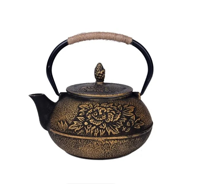 Cast iron teapot with Japanese decorative pattern and enamel interior, 0.9 litre capacity