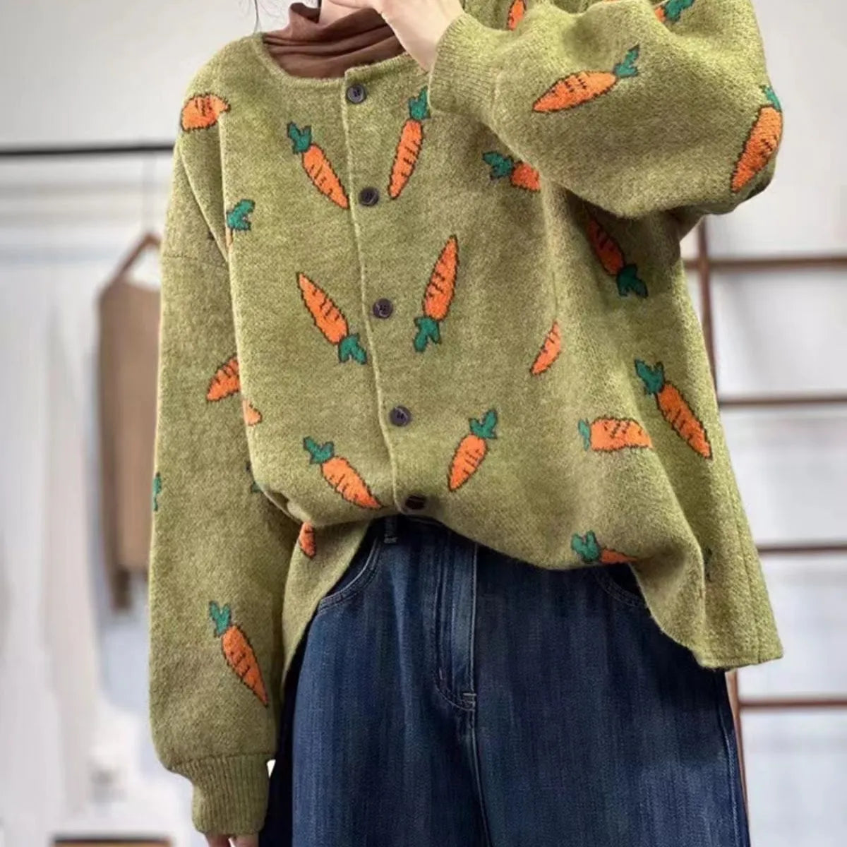 Round neck casual cardigan with Mori artistic printing colour contrast loose fit styling