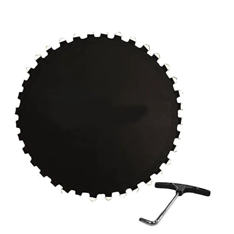 Round elastic trampoline replacement bungee mat with multiple attached cords and buttons.
