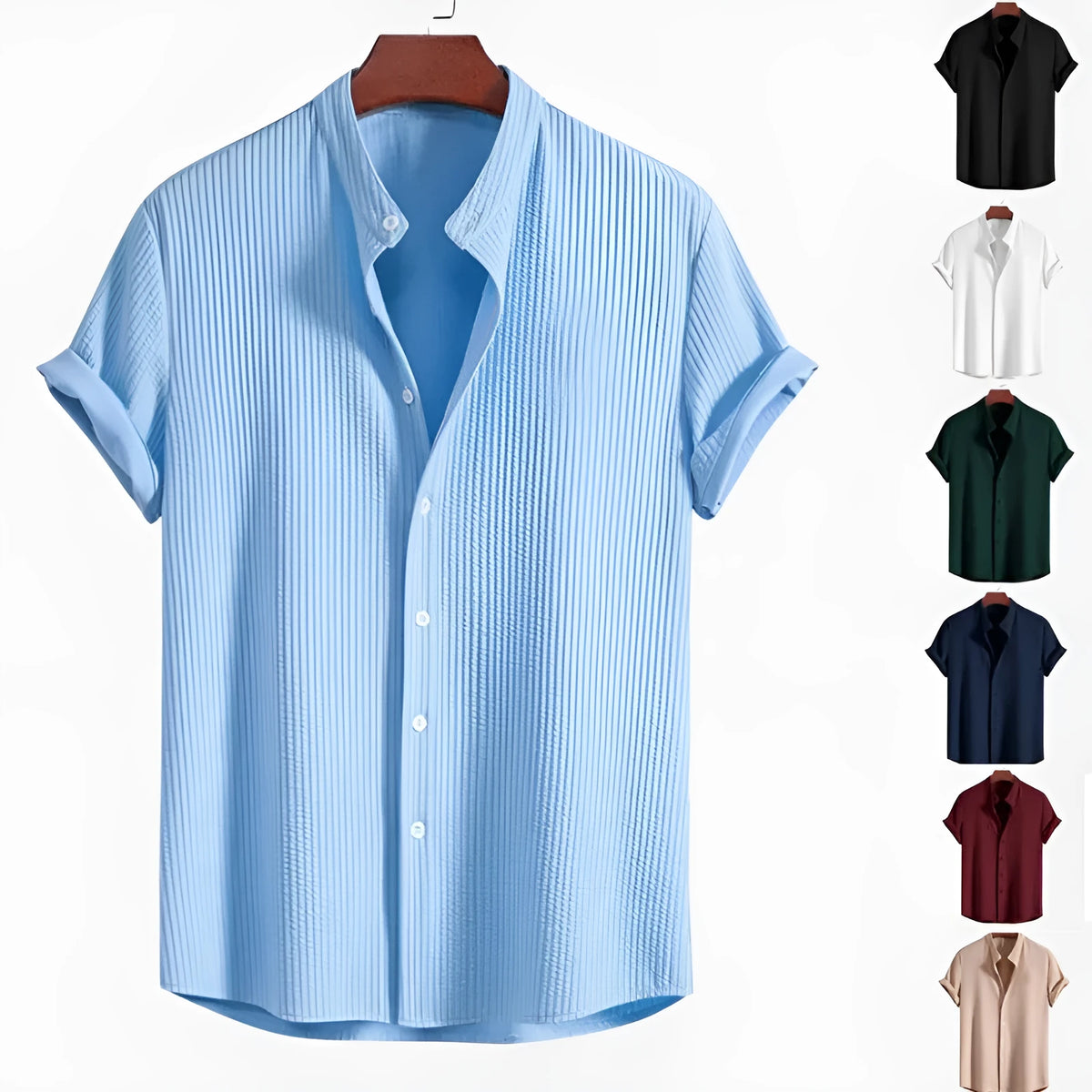 Man wearing a loose-fitting short sleeve polyester shirt in light blue, showcasing the casual summer style.