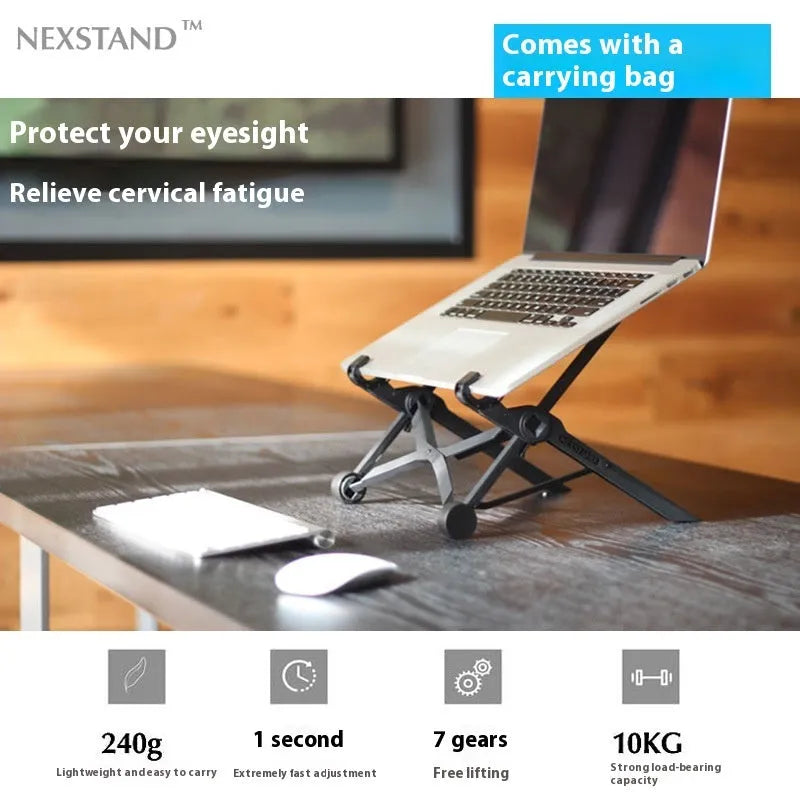 Sagacious black portable folding laptop stand on table with carrying case