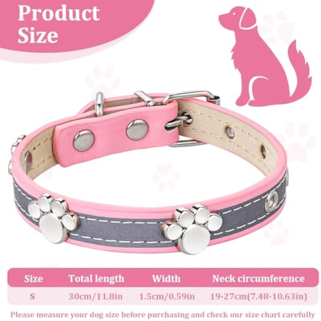 Reflective adjustable PU leather dog collar with a metal buckle and decorative paw rivet.