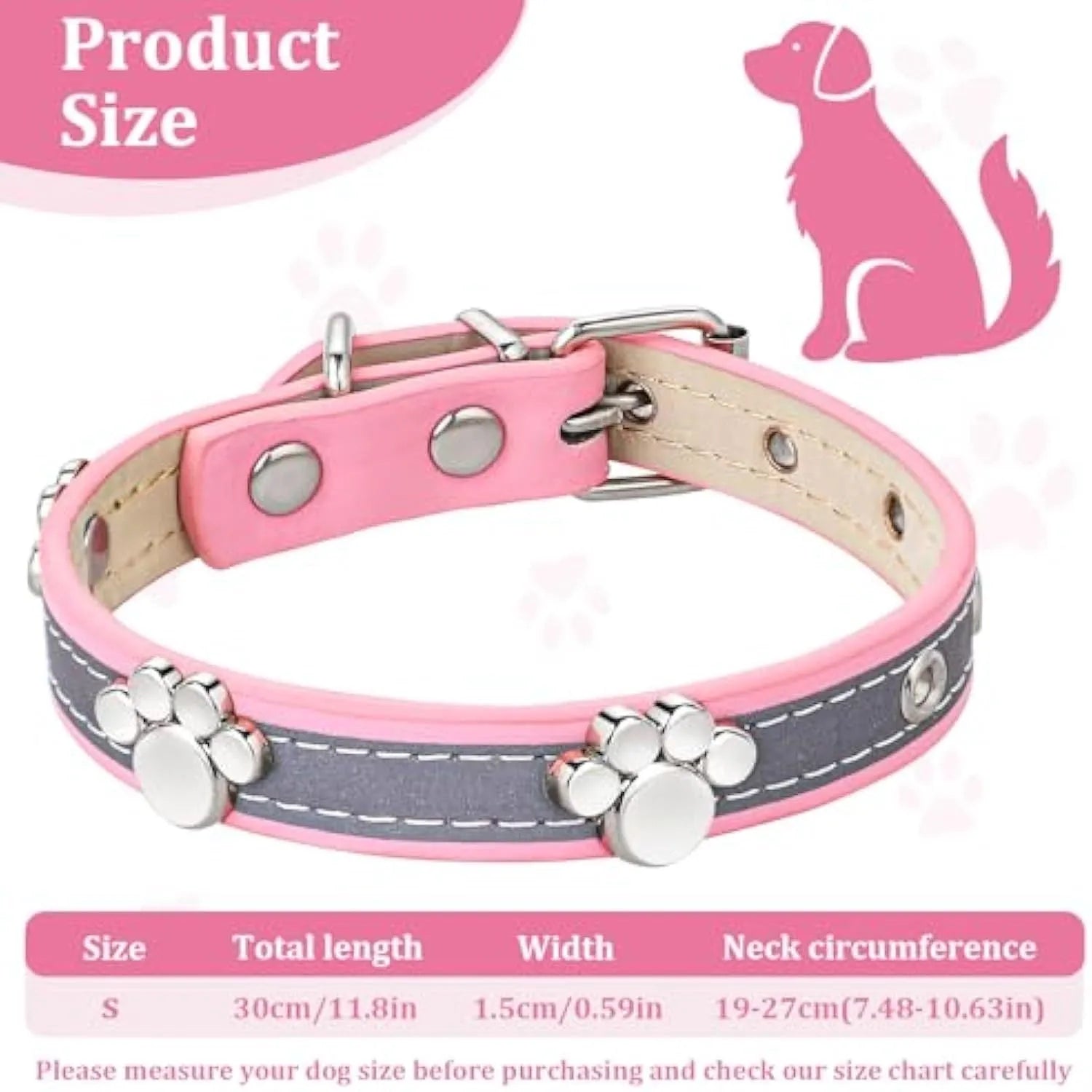 Reflective adjustable PU leather dog collar with a metal buckle and decorative paw rivet.