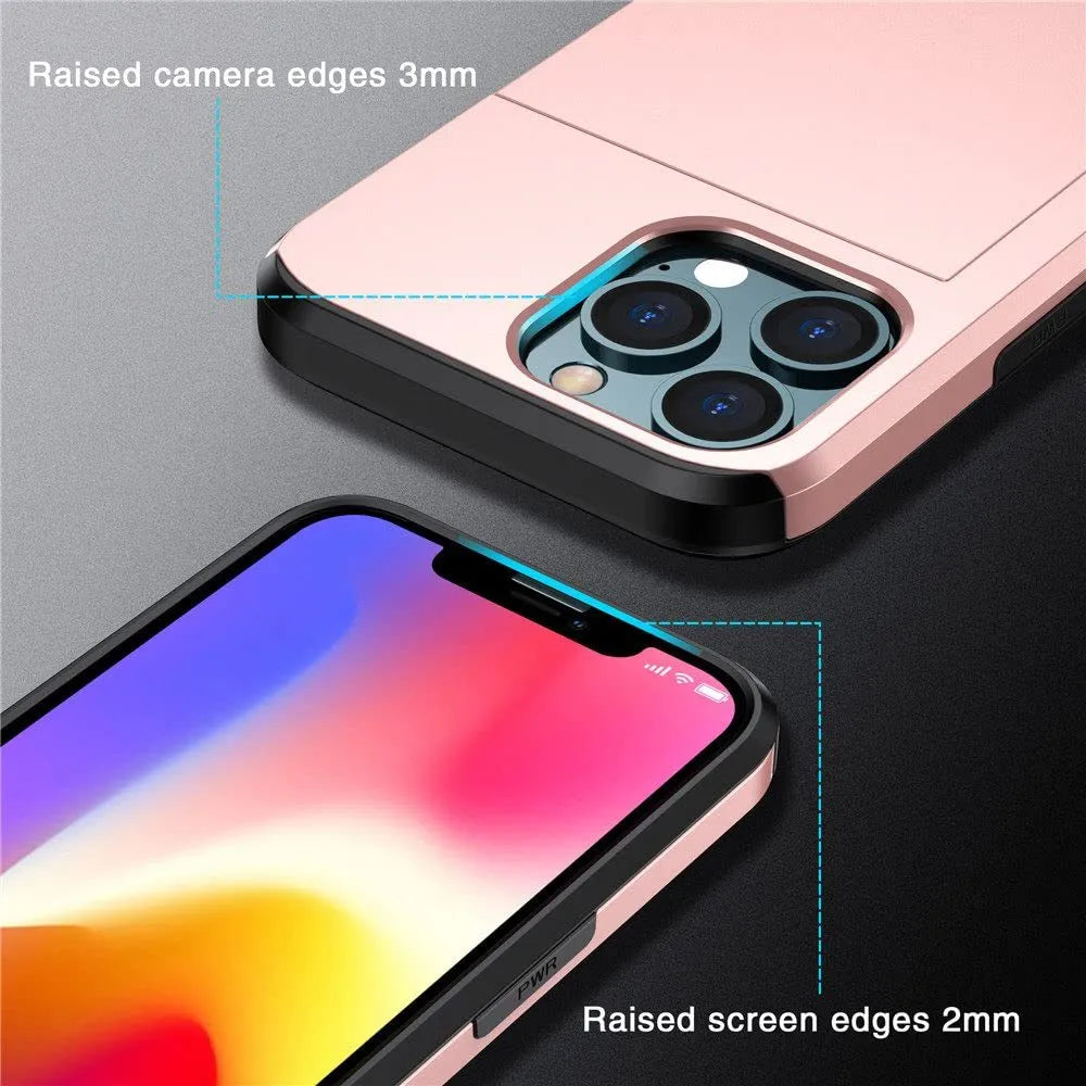 Sliding cover wallet mobile phone case in matte finish showing integrated card slot.