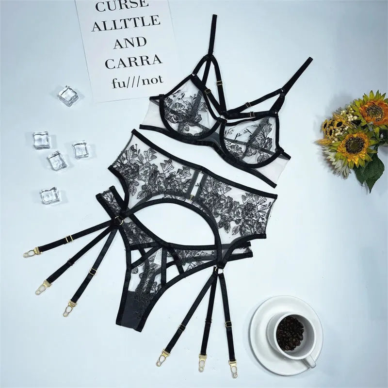 Women's black lace mesh three-piece set with floral print showing top, pants, and waist ring