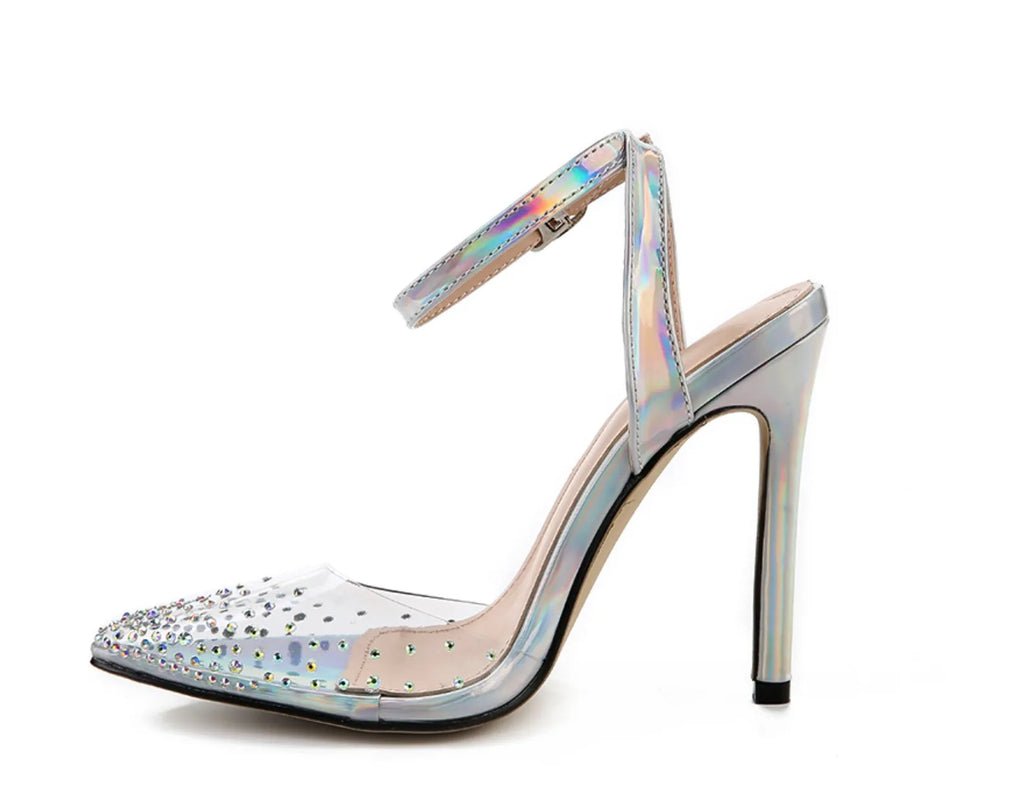 Women's pointed toe diamond sandals with a stiletto heel on a white background.