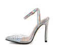 Women's pointed toe diamond sandals with a stiletto heel on a white background.