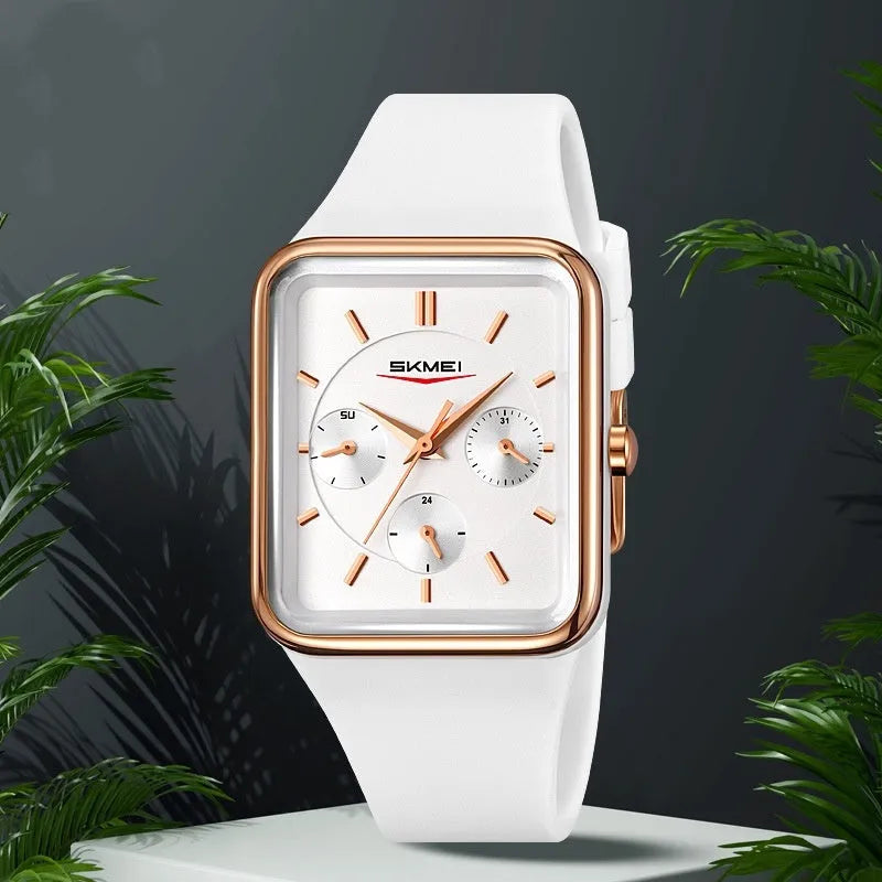 Square silicone waterproof watch for girls showing multiple colour options including white rose gold and black blue