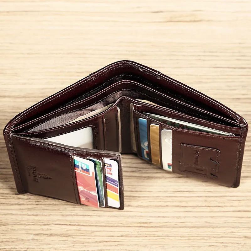 Men's black and coffee brown leather wallet open to show multiple internal card slots, note pocket, and coin compartment.