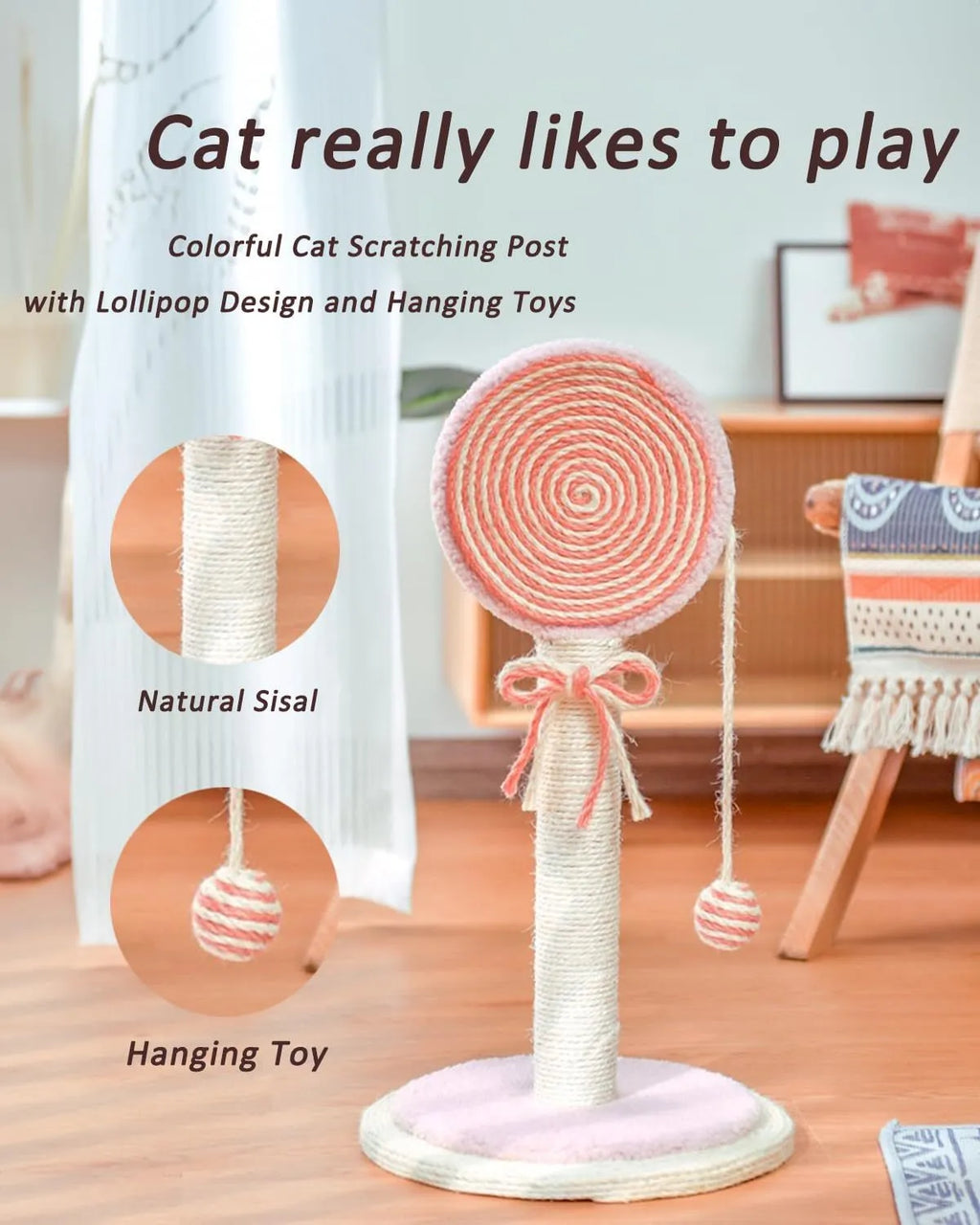 Blue cat scratching post with sisal rope and a hanging ball toy on a stable wooden base.
