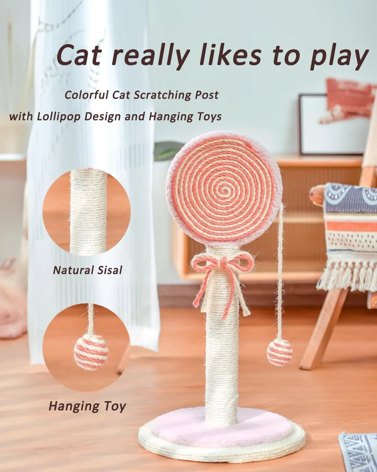 Blue cat scratching post with sisal rope and a hanging ball toy on a stable wooden base.