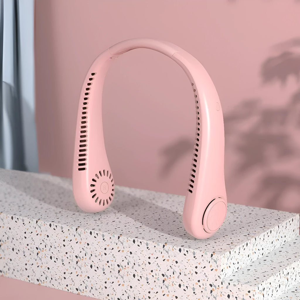 Pink bladeless neck fan with USB charging port and flexible neckband