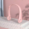 Pink bladeless neck fan with USB charging port and flexible neckband